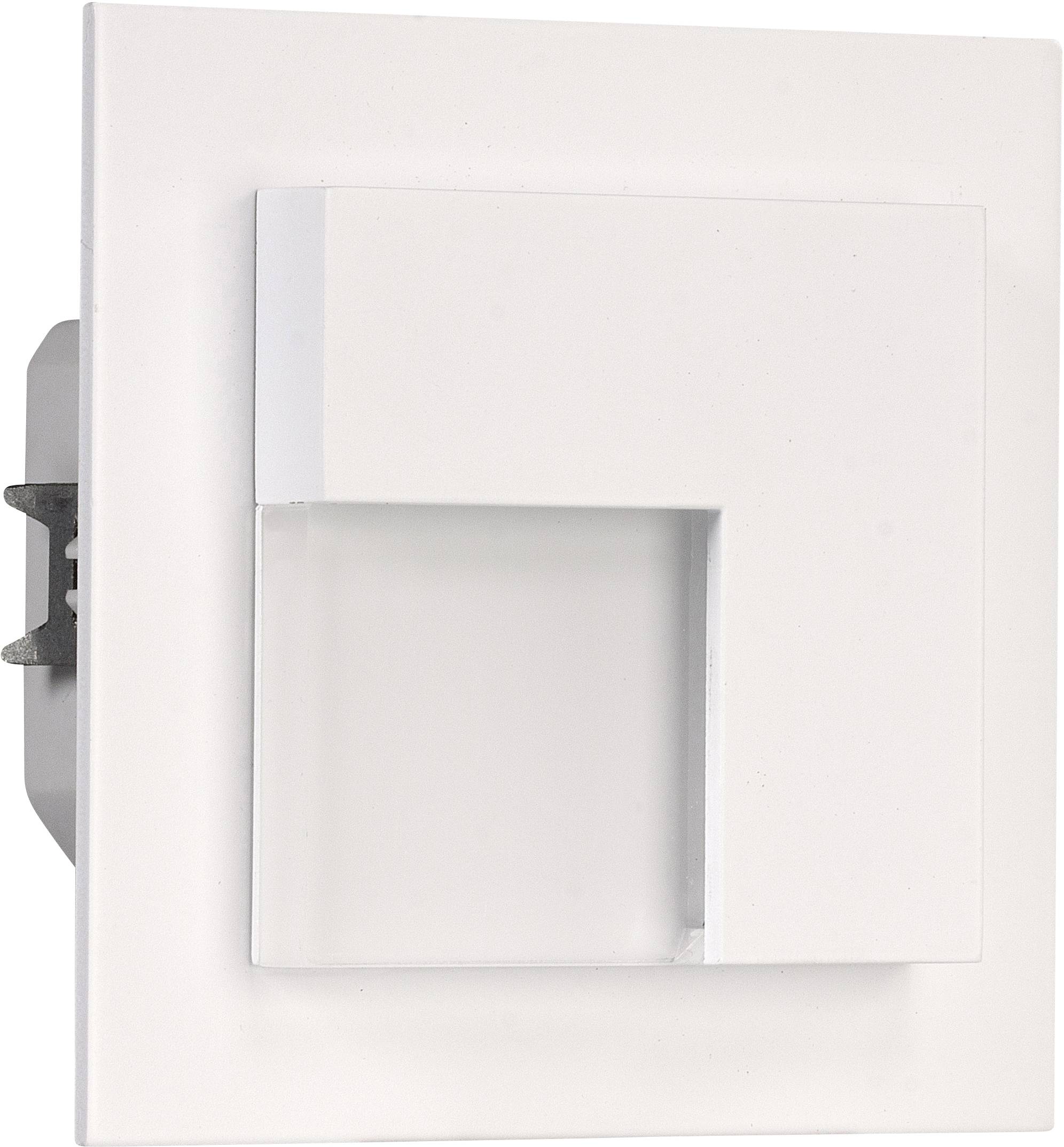 Een rechthoekig, wit LED-inbouw-wandarmatuur met een modern, geometrisch ontwerp. Voornamelijk bedoeld voor accentverlichting.