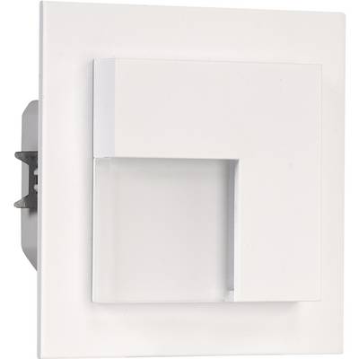 Een rechthoekig, wit LED-inbouw-wandarmatuur met een modern, geometrisch ontwerp. Voornamelijk bedoeld voor accentverlichting.