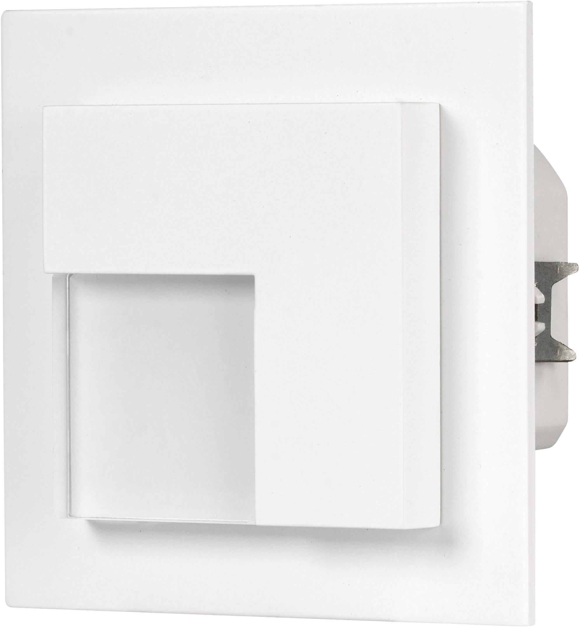 Witte, rechthoekige lichtschakelaar aan een muur, minimalistisch ontworpen, geschikt voor moderne interieurs.