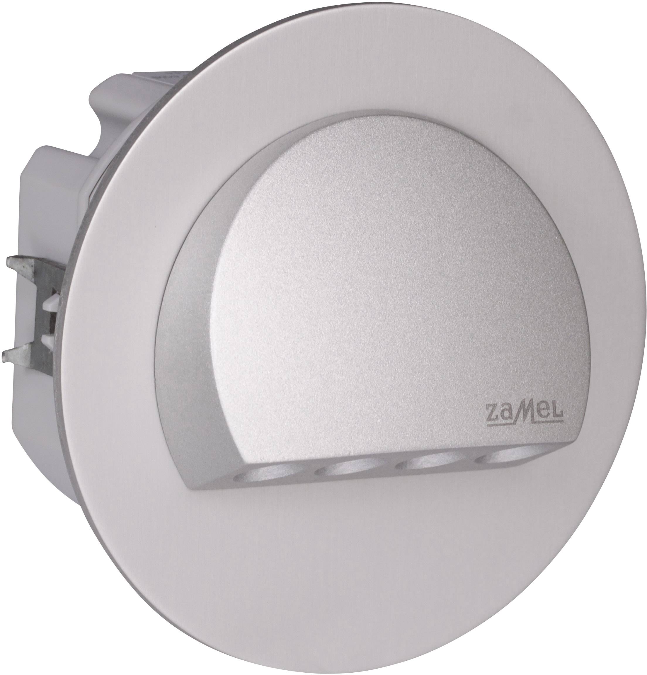 Een ronde, zilveren LED-wandlamp met vier lichtpunten en het opschrift 'Zamel'.