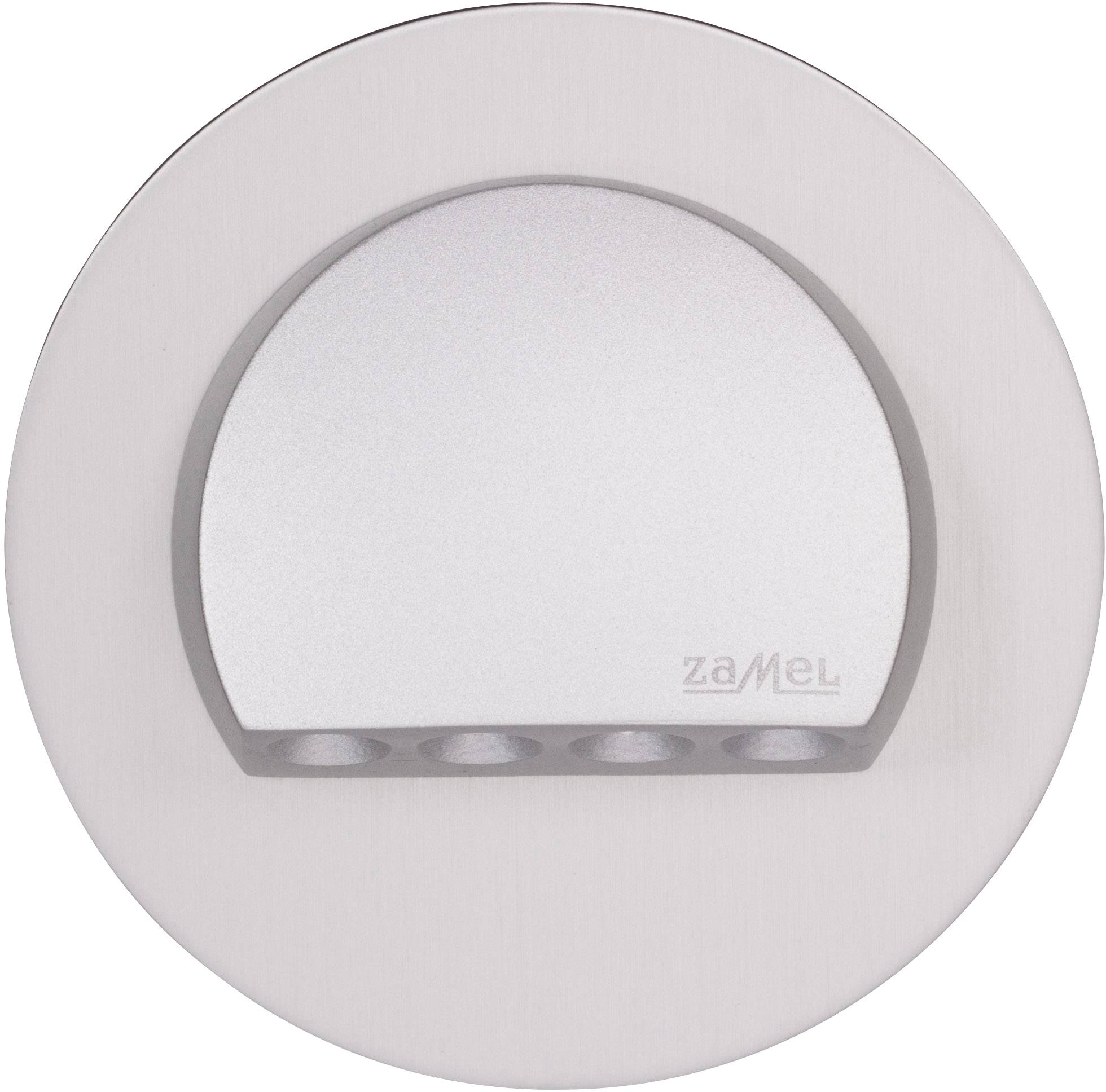 Ronde, zilveren LED-lamp met vier lichtopeningen onderaan, merknaam 'zamel' rechts.