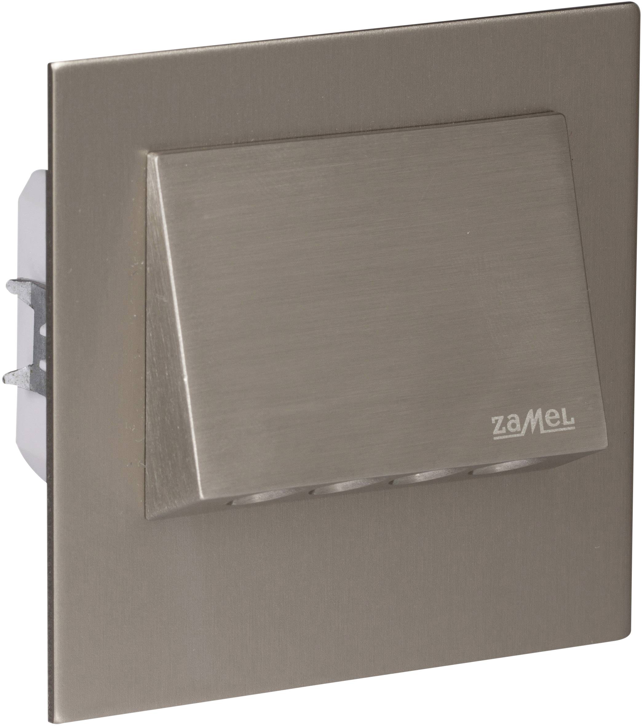 Metalen bewegingssensor met afgeschuinde voorkant, geschikt voor wandmontage, met het logo 'Zamel' gedrukt in de rechterbenedenhoek.