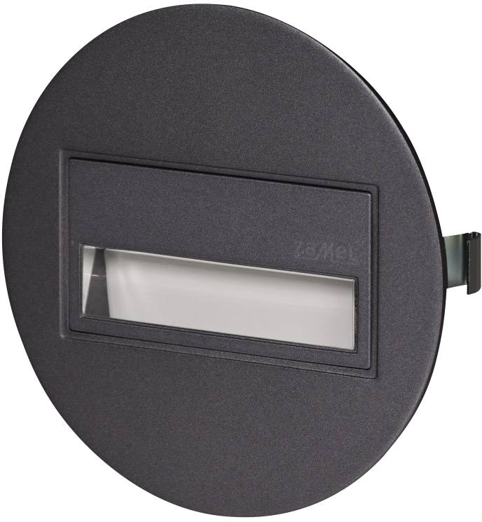 Ronde, zwarte inbouw-LED-wandlamp met rechthoekig venster in het midden en zijdelingse bevestiging.
