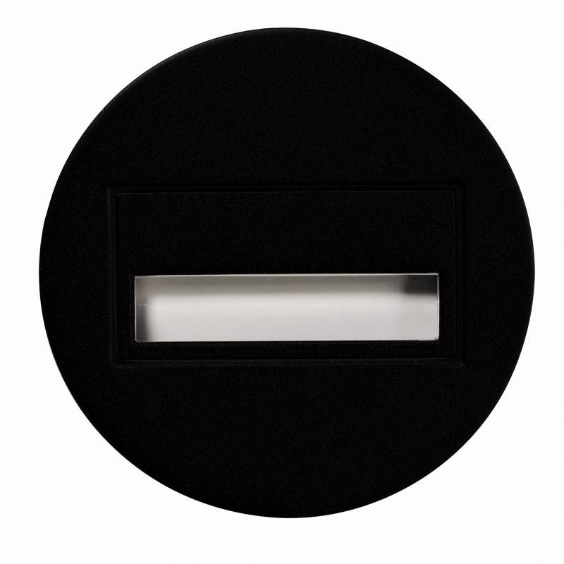 Zwart rond symbool met een rechthoekig, horizontaal venster in het midden.