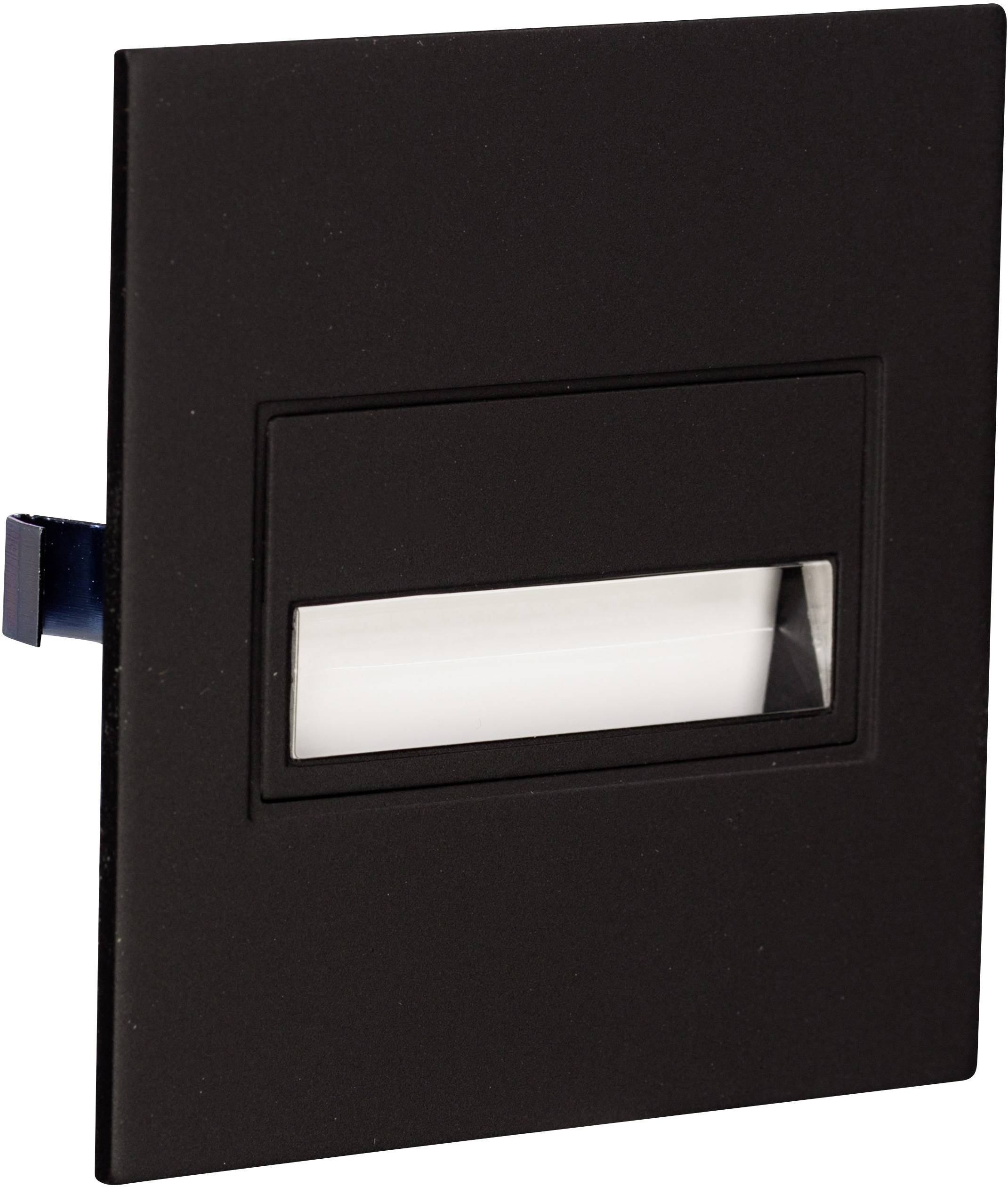Een zwart rechthoekig wandinbouwlicht met een smal, horizontaal, transparant gedeelte voor verlichting.