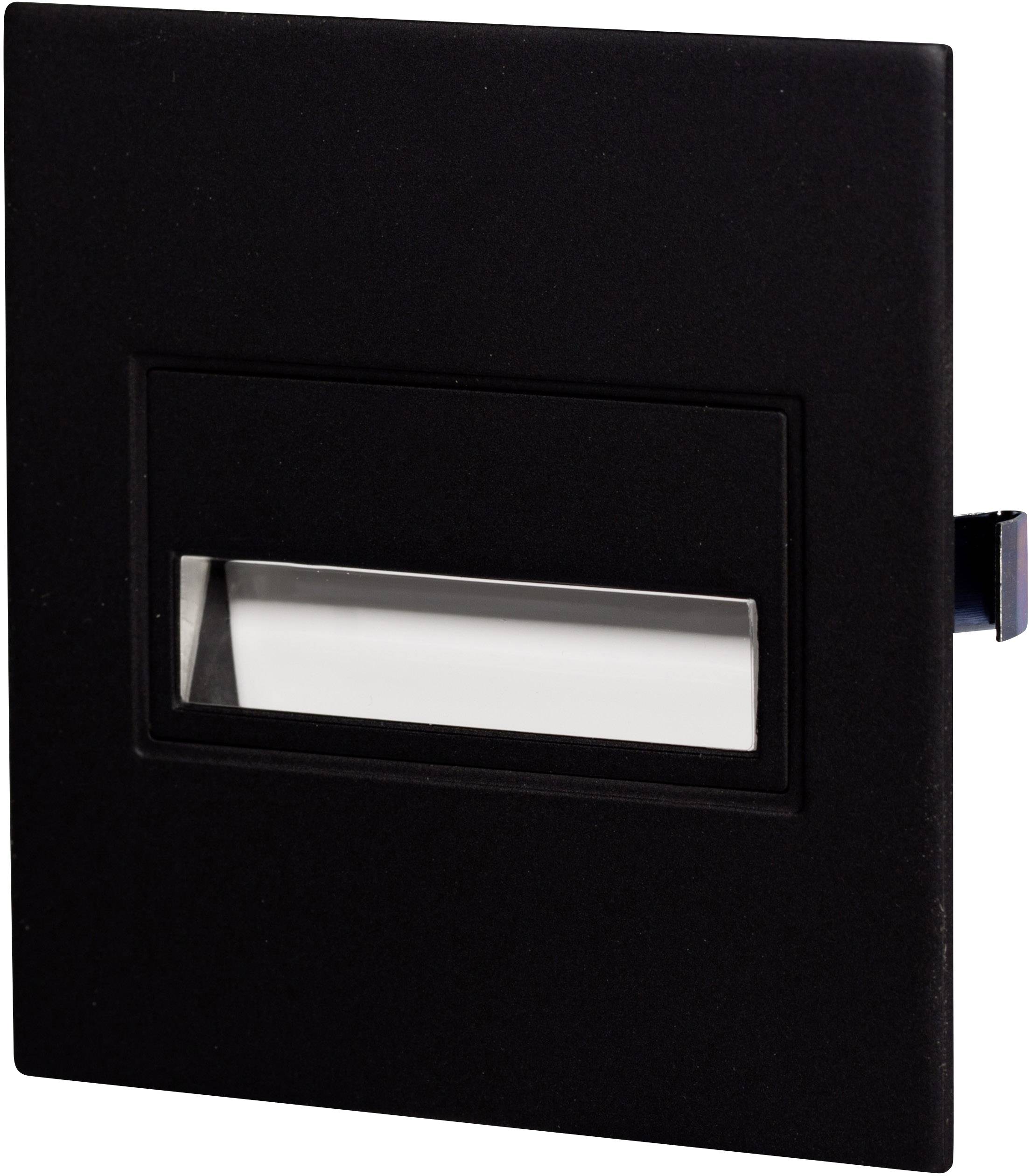 Zwarte vierkante wandlamp met rechthoekige lichtuitsparing in het midden. Geschikt voor moderne interieurs.