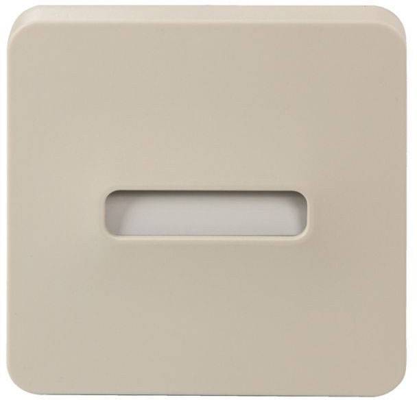Het beeld toont een beige, vierkante lichtschakelaar met een rechthoekig, verdiept gedeelte in het midden.