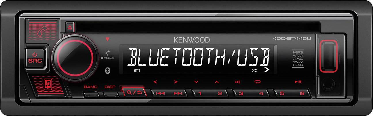 Een autoradio met Bluetooth- en USB-weergave, meerdere bedieningsknoppen en een grote draaiknop.
