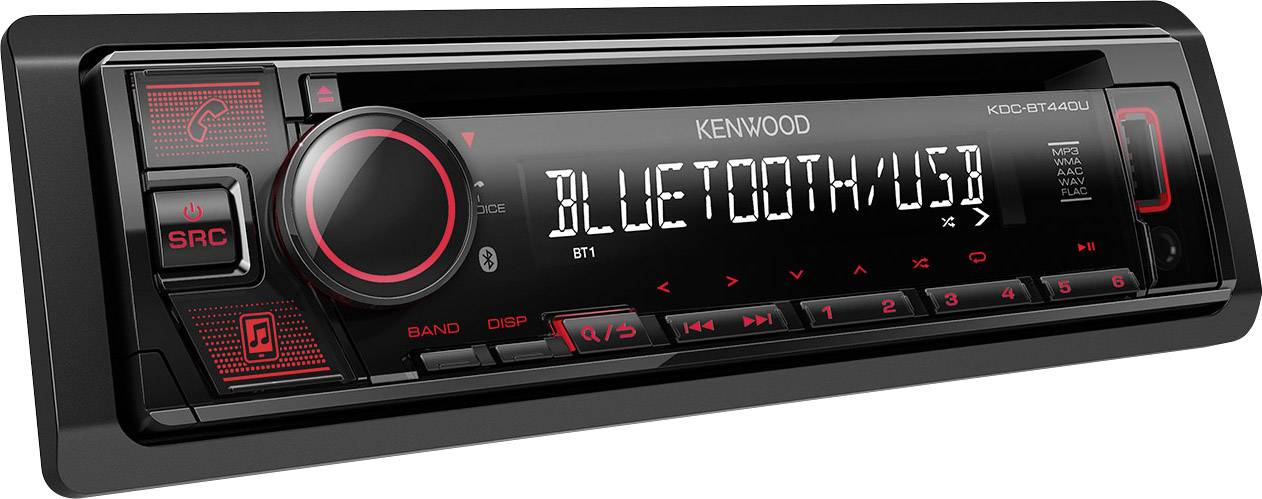 Autoradio met Bluetooth en USB-aansluiting. Display toont 'Bluetooth USB'. Knoppen voor bediening en geluidselectie zichtbaar.