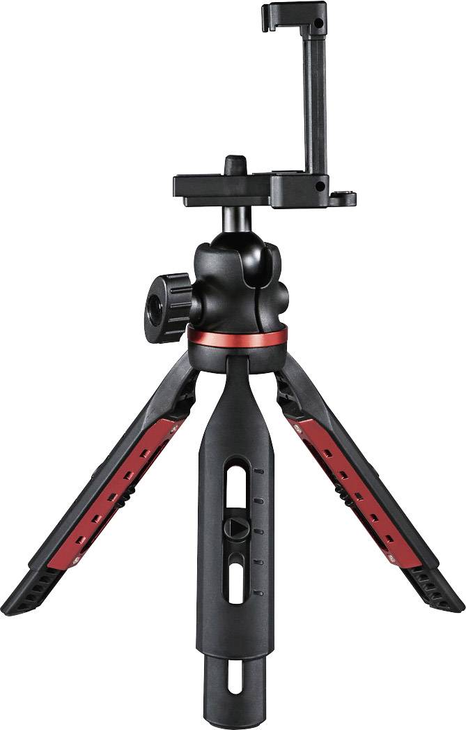 Een compacte, zwarte driepootstatief met rode accenten en een verstelbare houder voor smartphones of camera's.