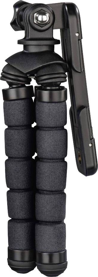 Compact zwart-grijs statief met flexibele poten en smartphonehouder, ideaal voor stabiele fotografie onderweg.