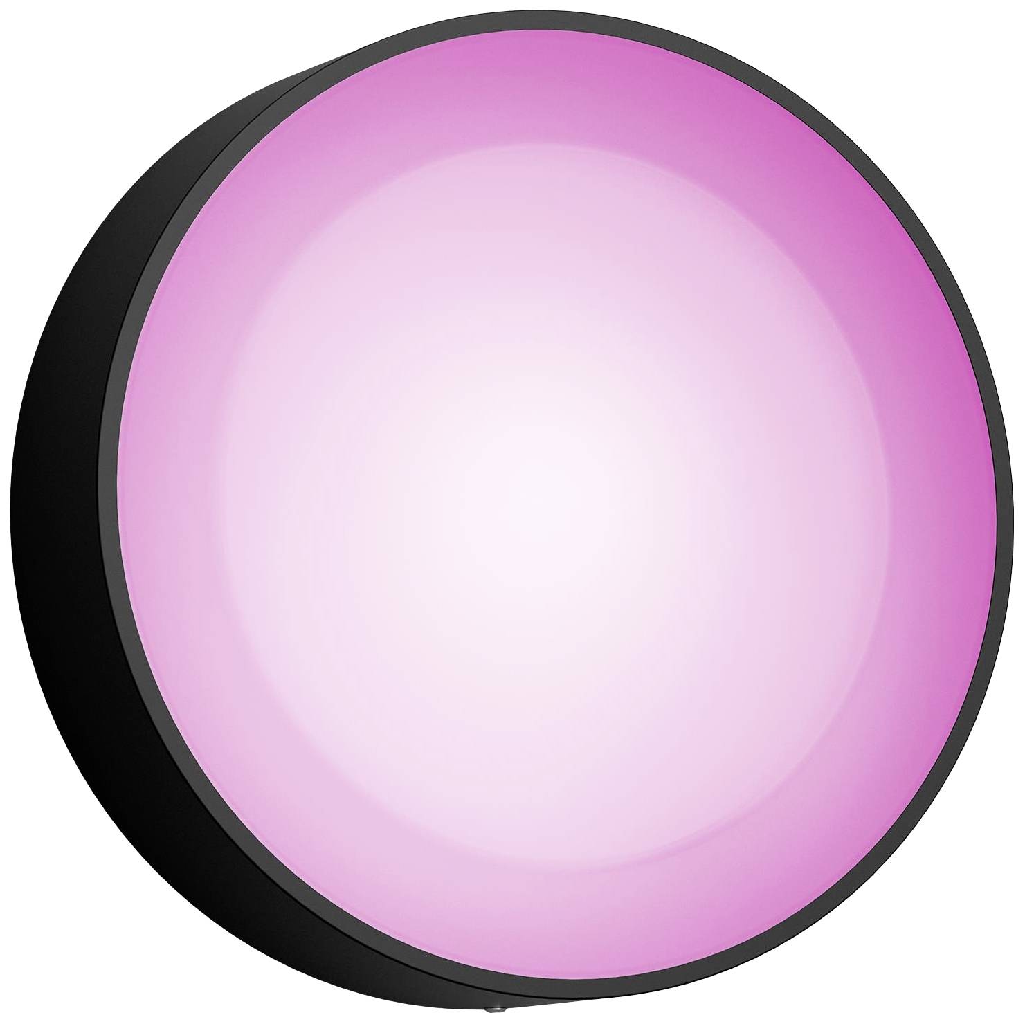 Ronde lamp met een zwarte buitenring en een binnenverlichting in roze op een witte achtergrond.