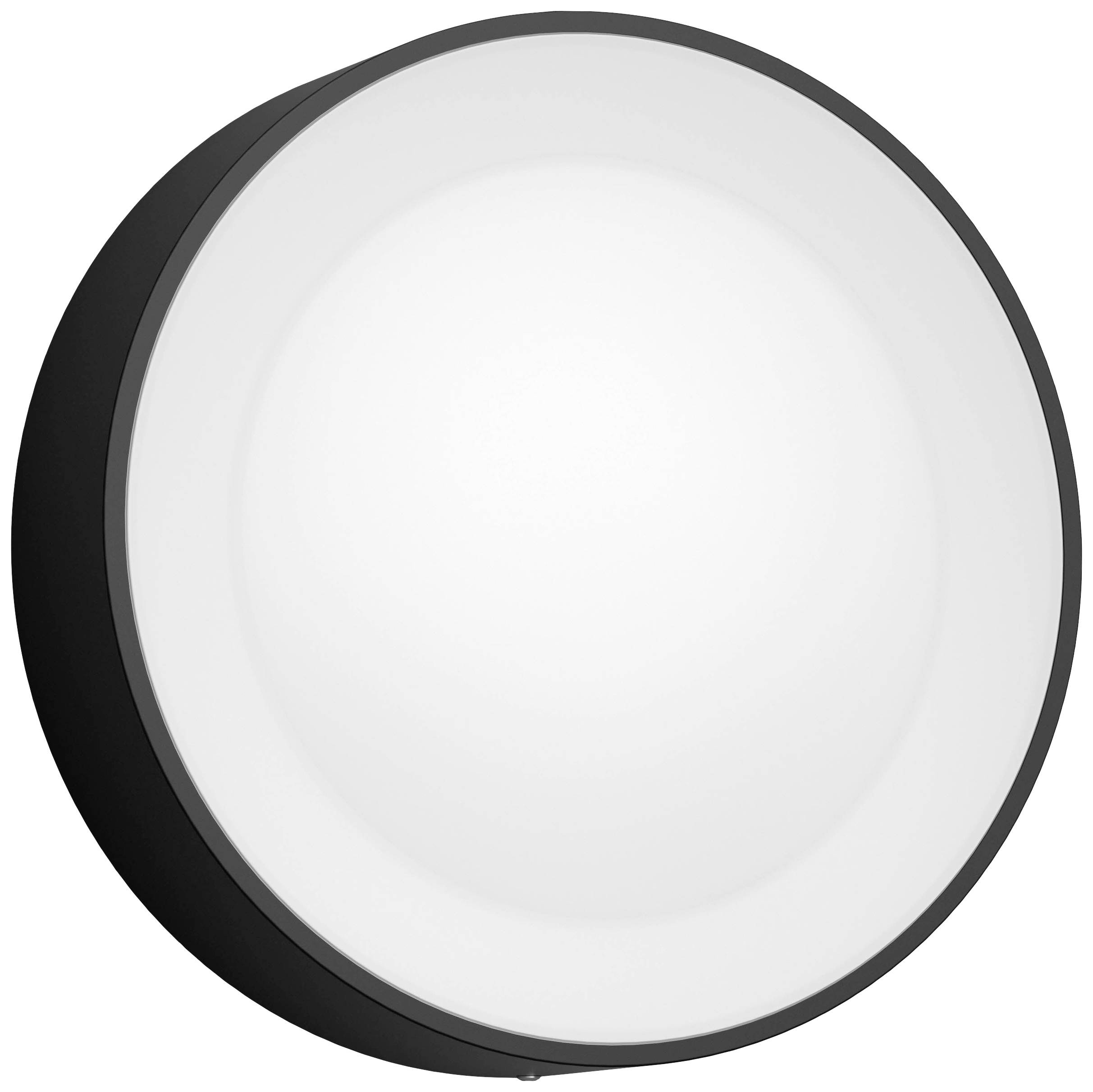 Ronde, moderne plafondlamp met zwarte rand en witte lichtdiffuser, die gelijkmatig licht verspreidt.