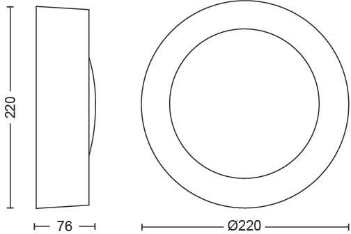 Diagram van een rond object met een diameter van 220 mm en een diepte van 76 mm. Zij- en bovenaanzicht weergegeven.