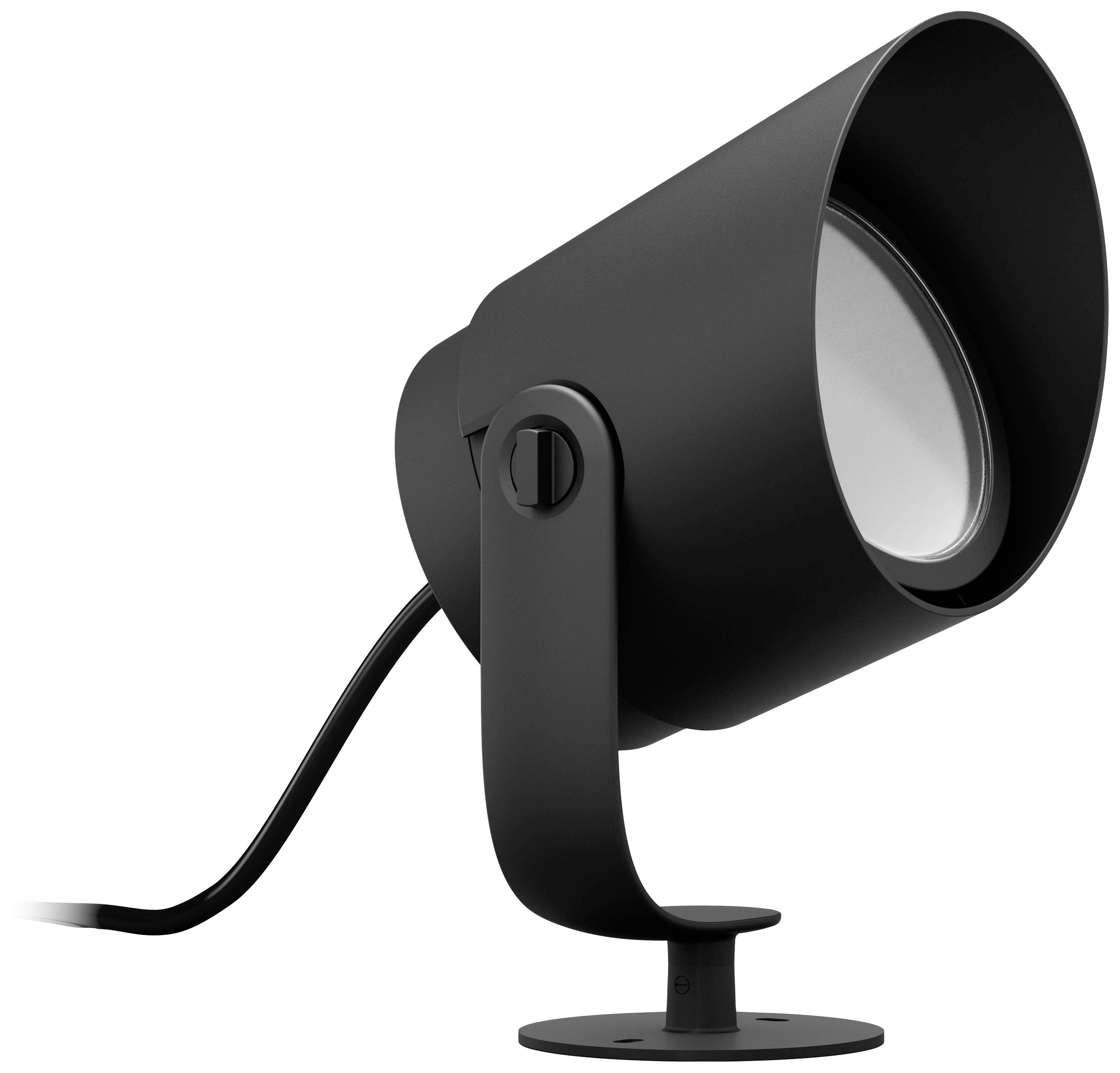 Een moderne zwarte spotlamp met een ronde vorm en verstelbare voet, geschikt voor geaccentueerde verlichting.