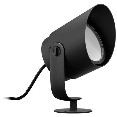 Een moderne zwarte spotlamp met een ronde vorm en verstelbare voet, geschikt voor geaccentueerde verlichting.