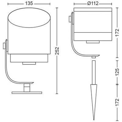 'Technische tekening van een buitenlamp met grondpen. Afmetingen: hoogte 252 mm, diameter 135 mm, zijdelingse hoogte 172 mm, diameter 112 mm.'