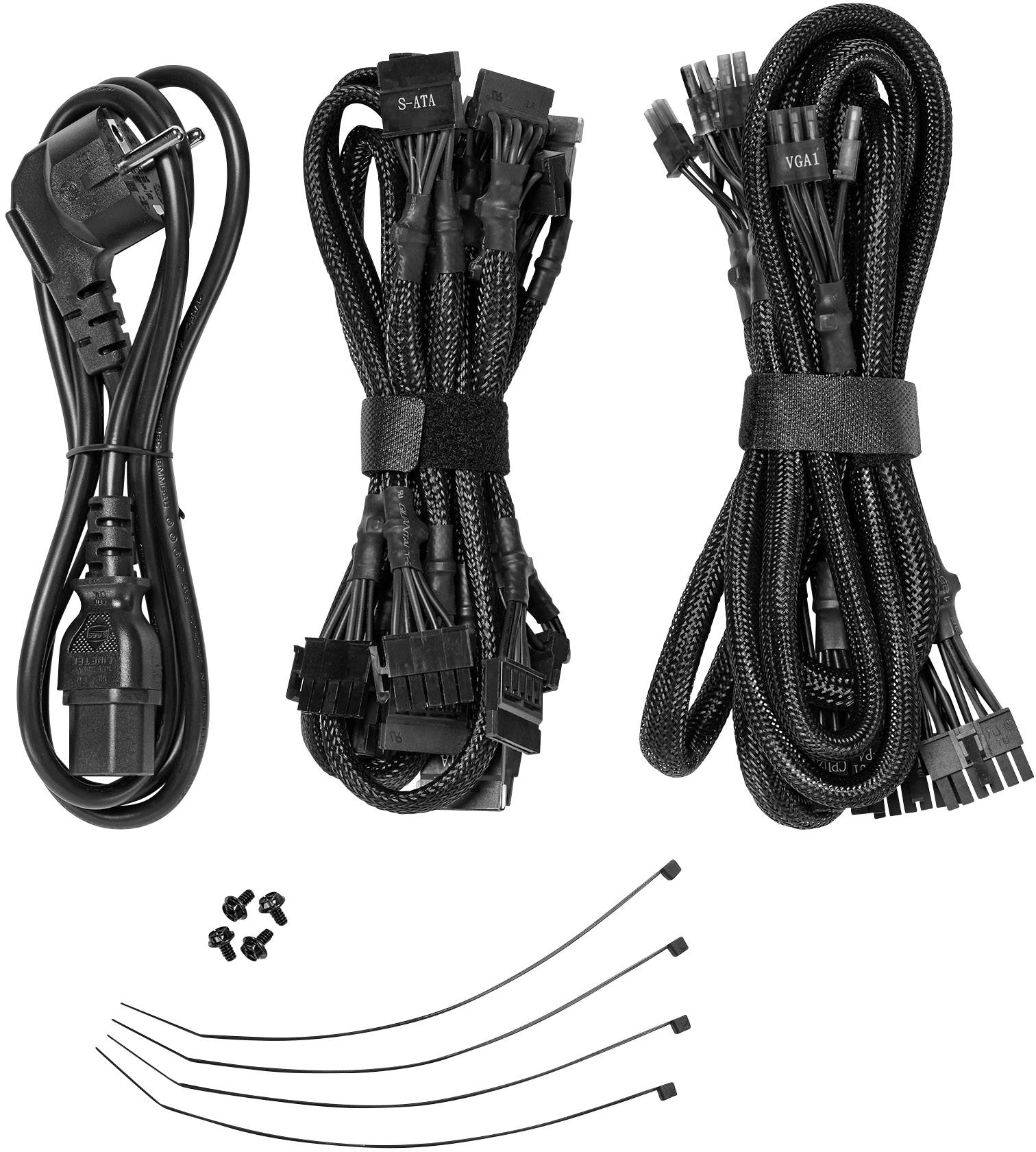 Netvoedingskabel, SATA- en VGA-stroomkabels met kabelbinders en schroeven. Accessoires voor pc-componenten, handig bij het assembleren van een computer.