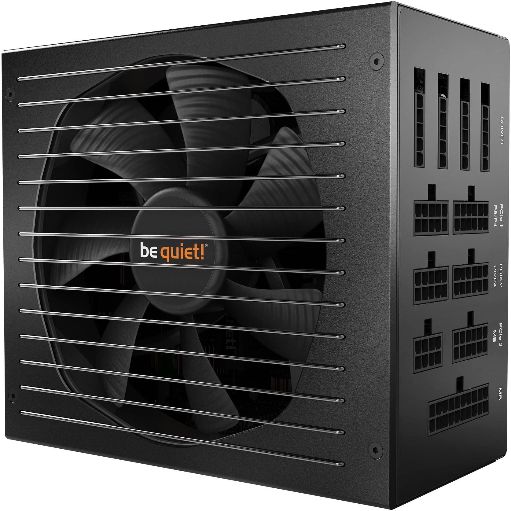 Een zwarte computer-voeding met ventilator en meerdere aansluitingen; merk 'be quiet!' op de voorkant.
