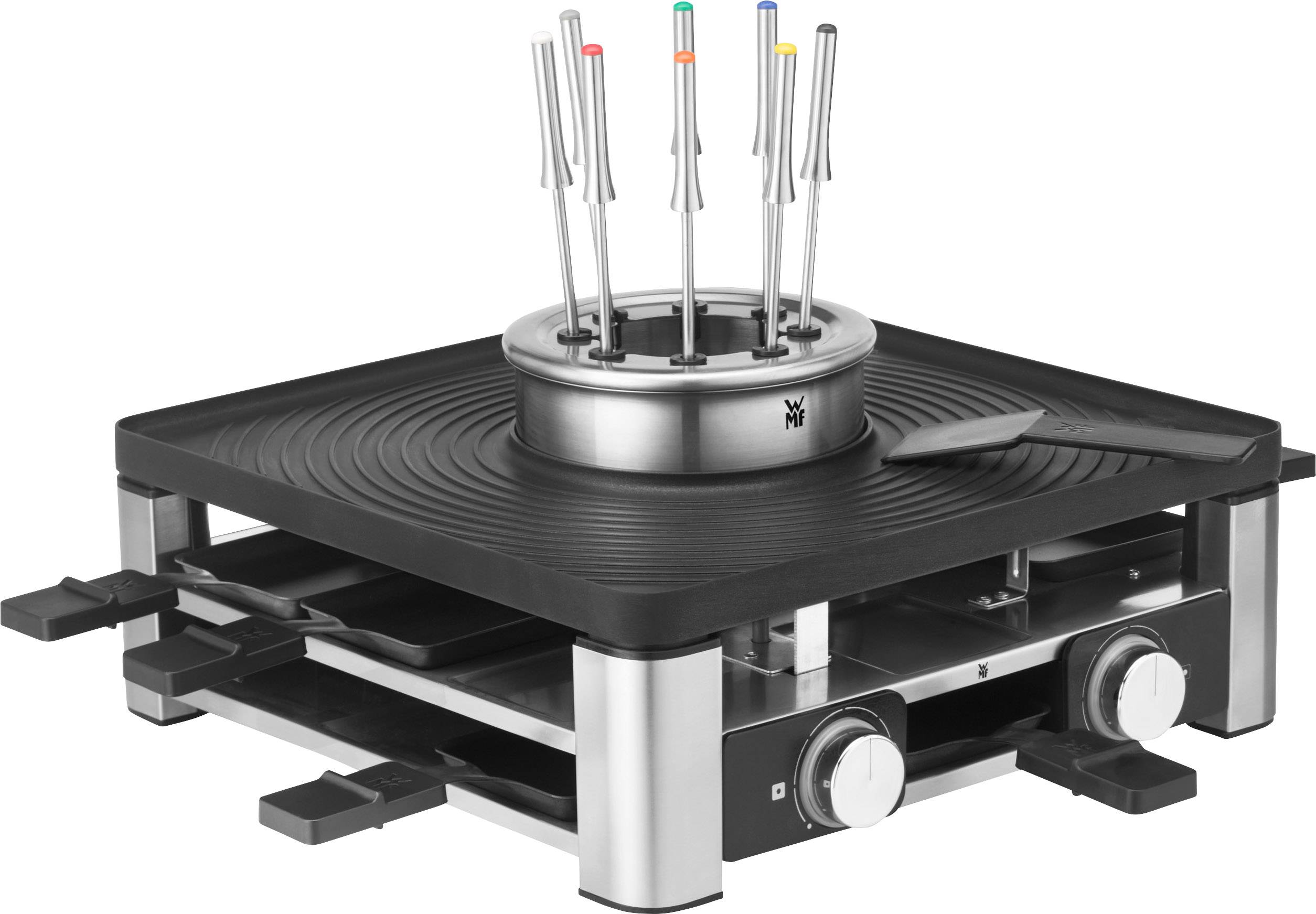Een elektrische fondue-set met een RVS frame en meerdere vorken, geplaatst op een zwarte sokkel met regelknoppen.