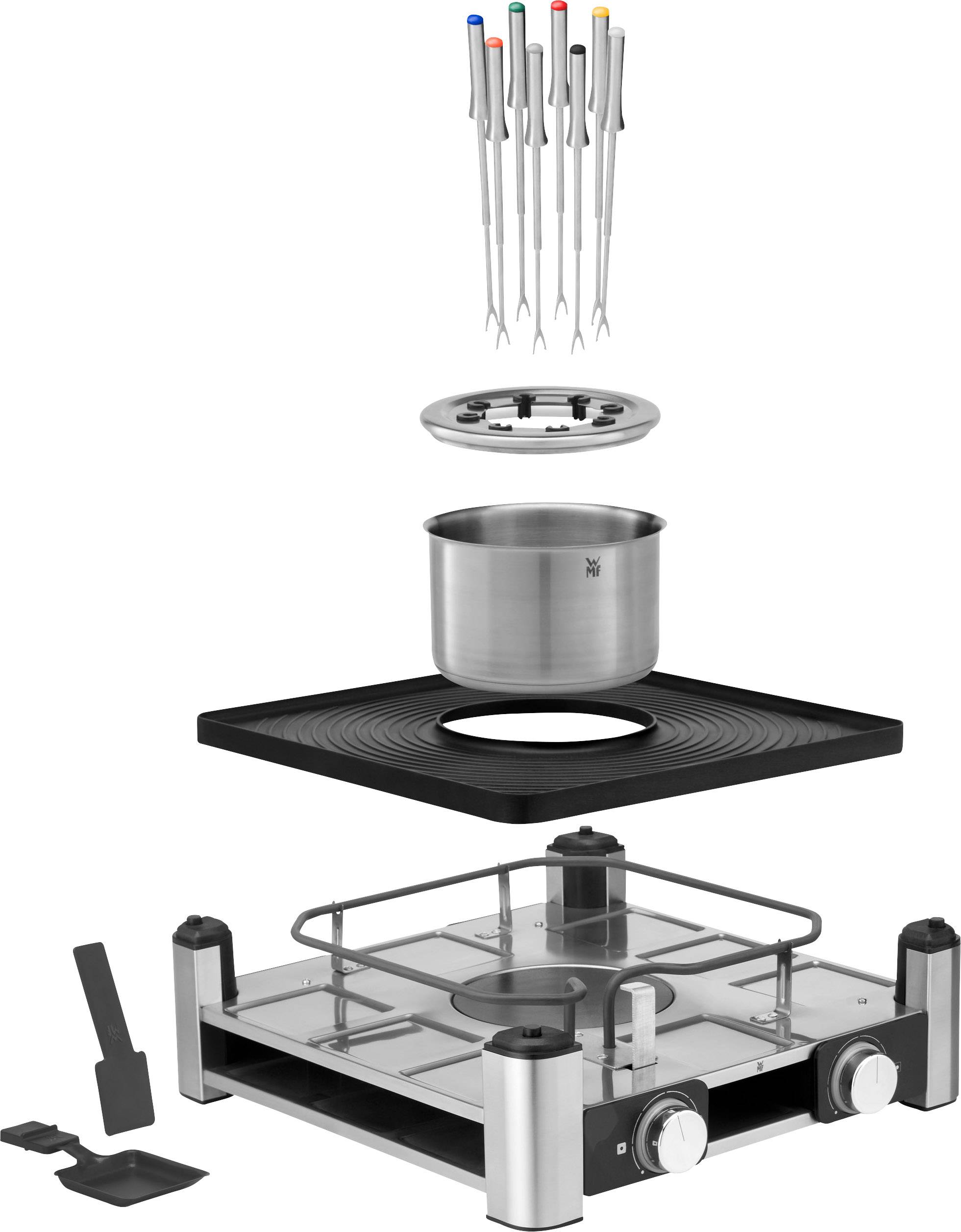 Fondue-set met pan, vorken en warmhoudplaat. Een pan zweeft boven een rechthoek met ruimte voor vorken. Onderaan zijn bedieningsknoppen zichtbaar.