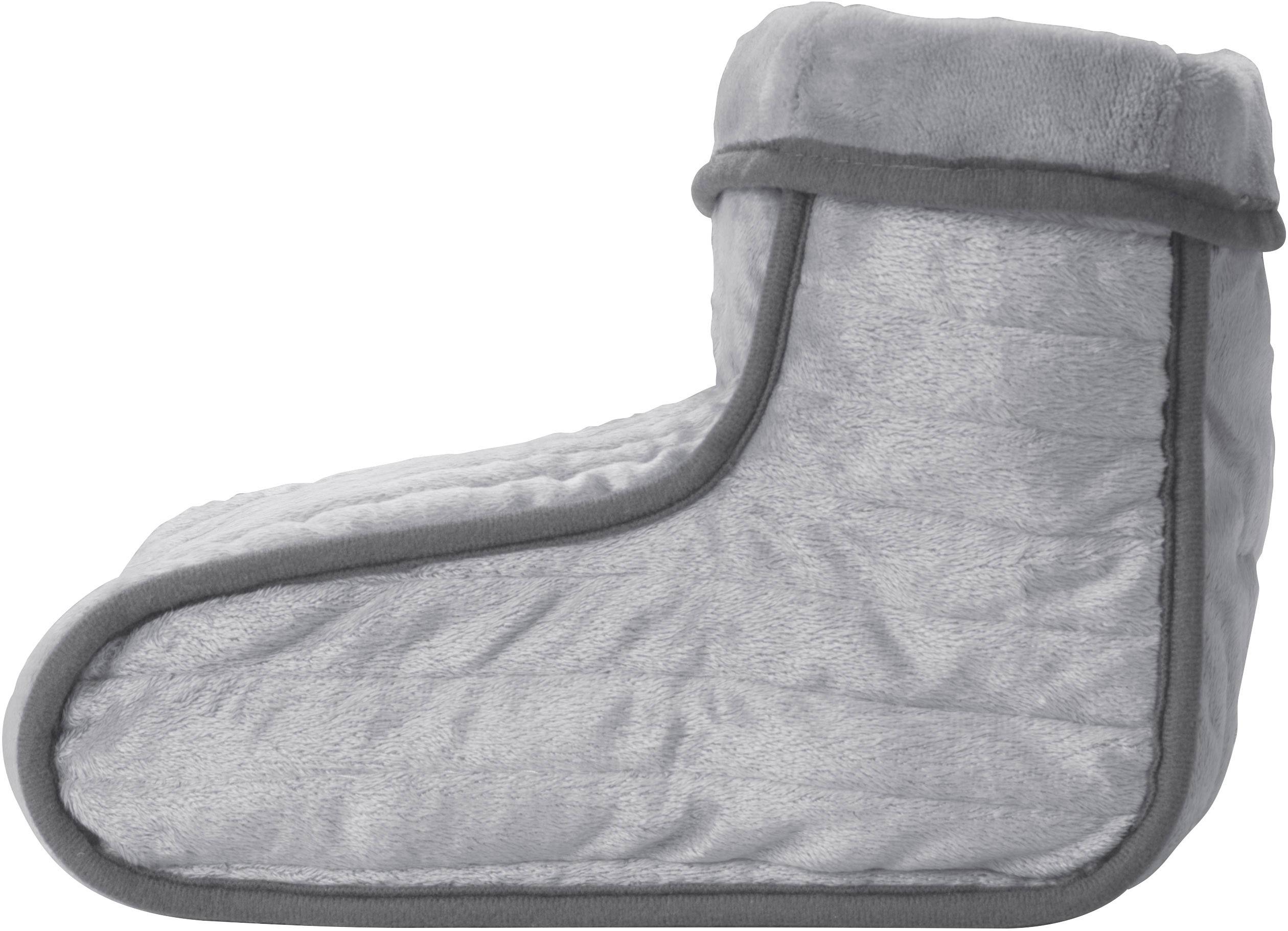 Grijze, pluizige voetenwarmer in de vorm van een laars, gefotografeerd van opzij. Geschikt voor warmte en comfort bij koude temperaturen.