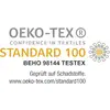 'OEKO-TEX STANDAARD 100' Logo met tekst: 'Getest op schadelijke stoffen. www.oeko-tex.com/standard100'.