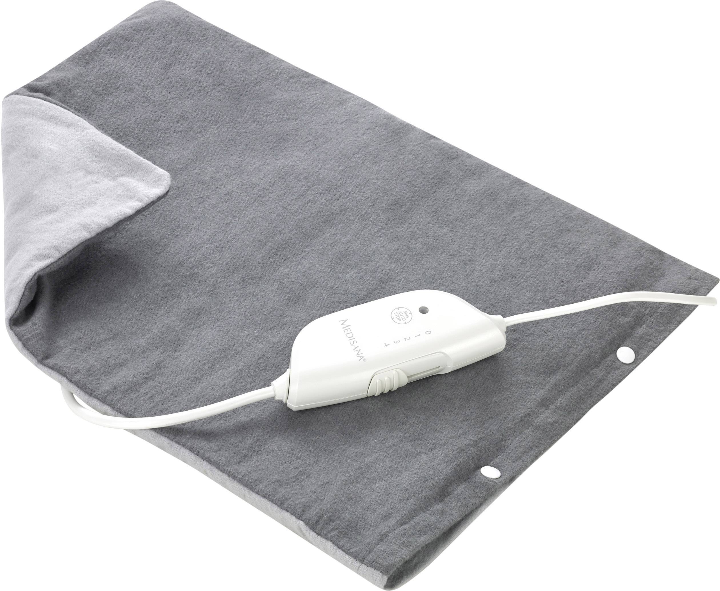 Een grijs elektrisch warmtekussen met een wit snoer en een wit bedieningspaneel voor temperatuurregeling.