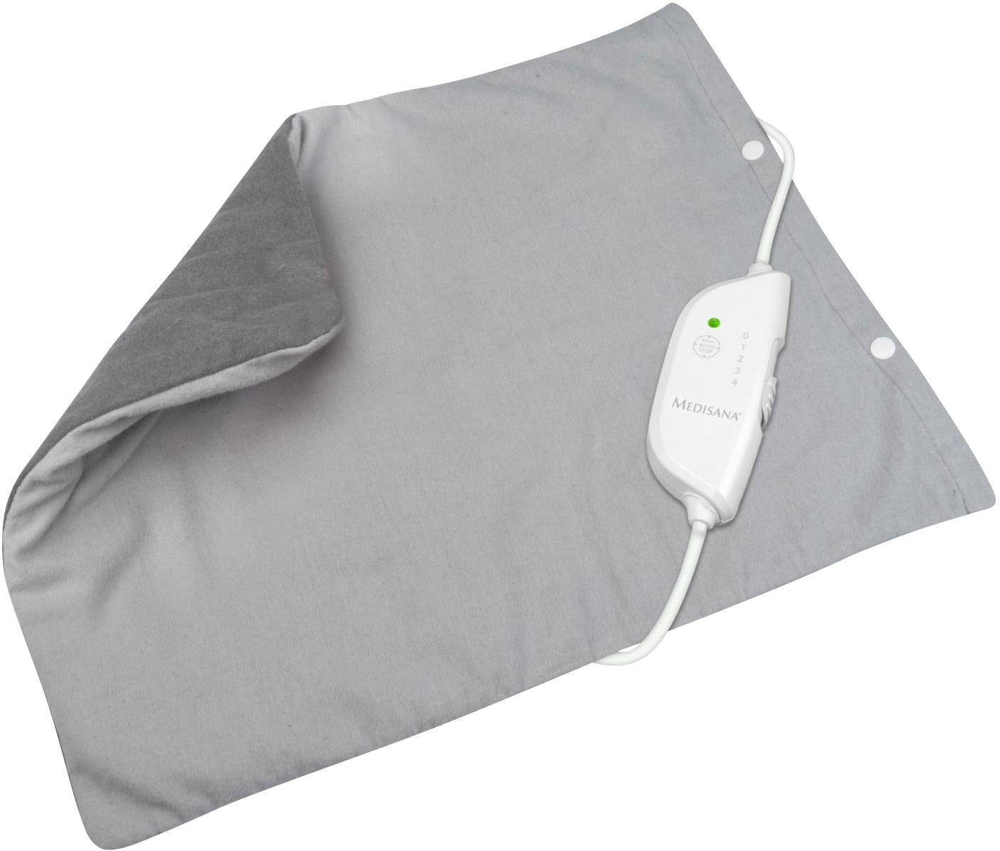 Grijs verwarmingskussen met kabel en bedieningseenheid aan de rechterkant. Besturing toont een groene bedrijfsindicator.