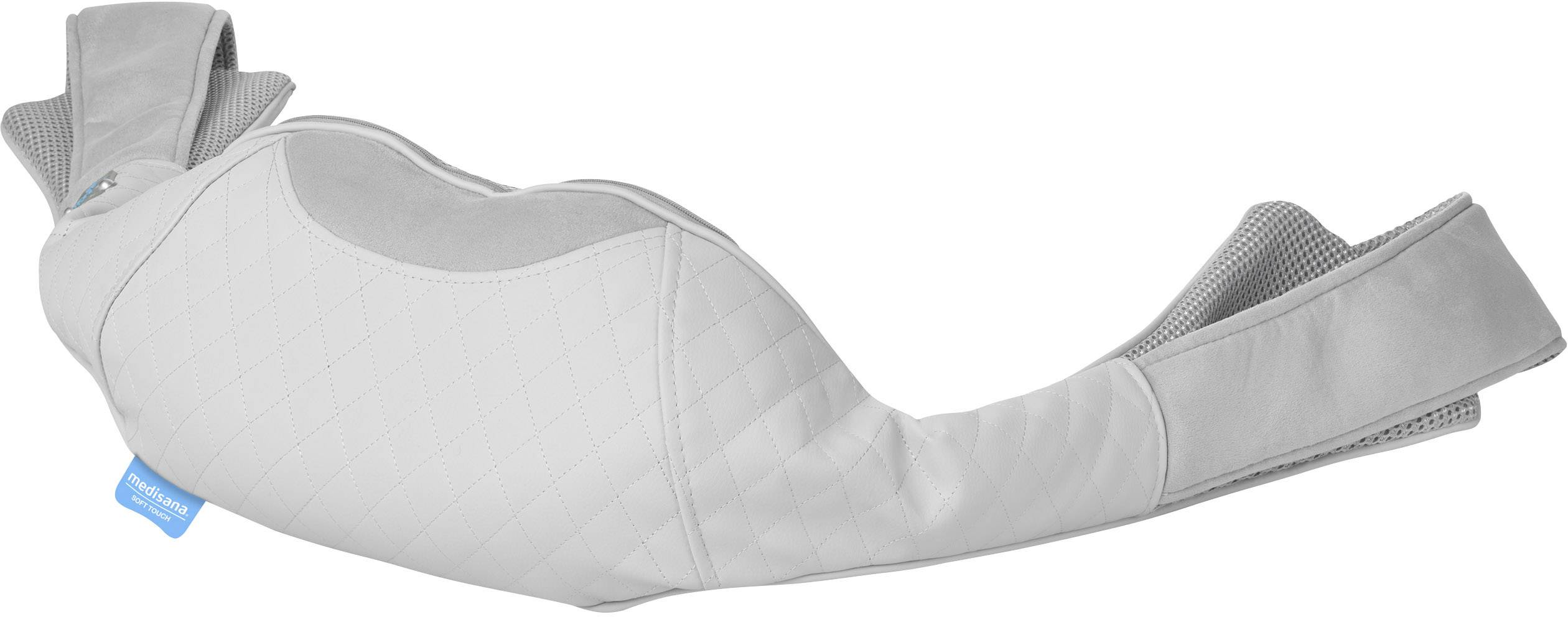 Een grijs, ergonomisch gevormd kussen met verstelbare riemen, ontwikkeld voor nekondersteuning en comfort tijdens reizen.