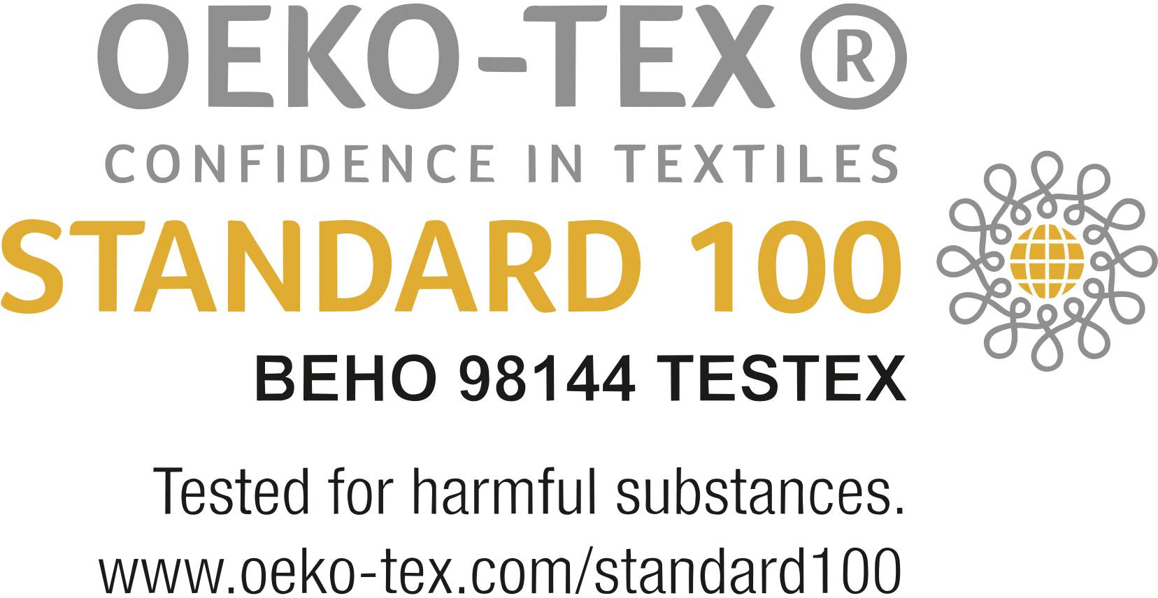 'OEKO-TEX STANDAARD 100' Logo met tekst 'Vertrouwen in Textiel'. Certificaatnummer 'BEHO 98144 TESTEX'. Verwijzing naar tests op schadelijke stoffen.