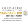 'OEKO-TEX STANDAARD 100' Logo met tekst 'Vertrouwen in Textiel'. Certificaatnummer 'BEHO 98144 TESTEX'. Verwijzing naar tests op schadelijke stoffen.