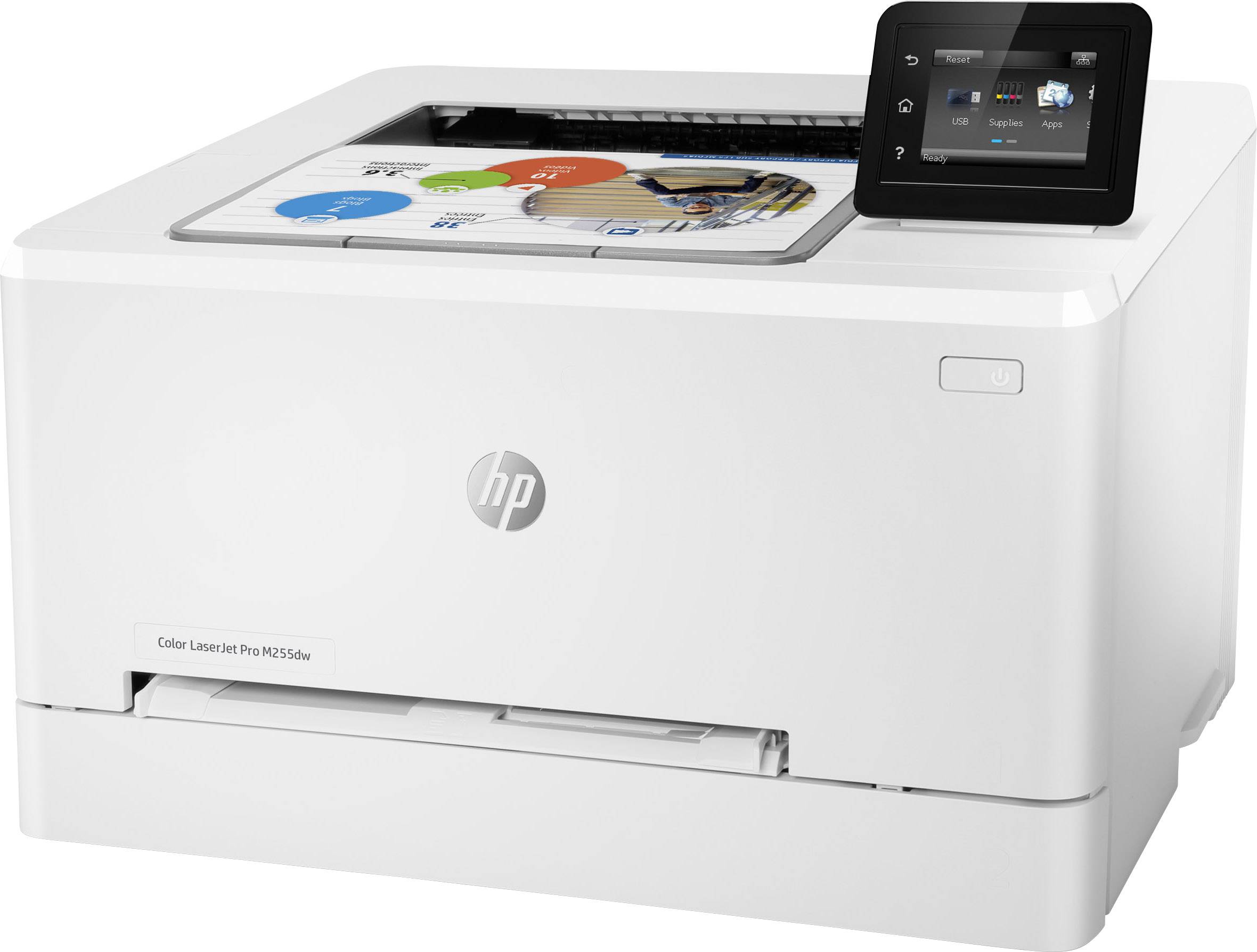 Een witte laserprinter met touchscreen in de hoek, toont een kleurrijk document op de bovenste papierlade.