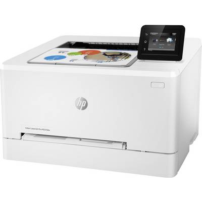 Een witte laserprinter met touchscreen in de hoek, toont een kleurrijk document op de bovenste papierlade.