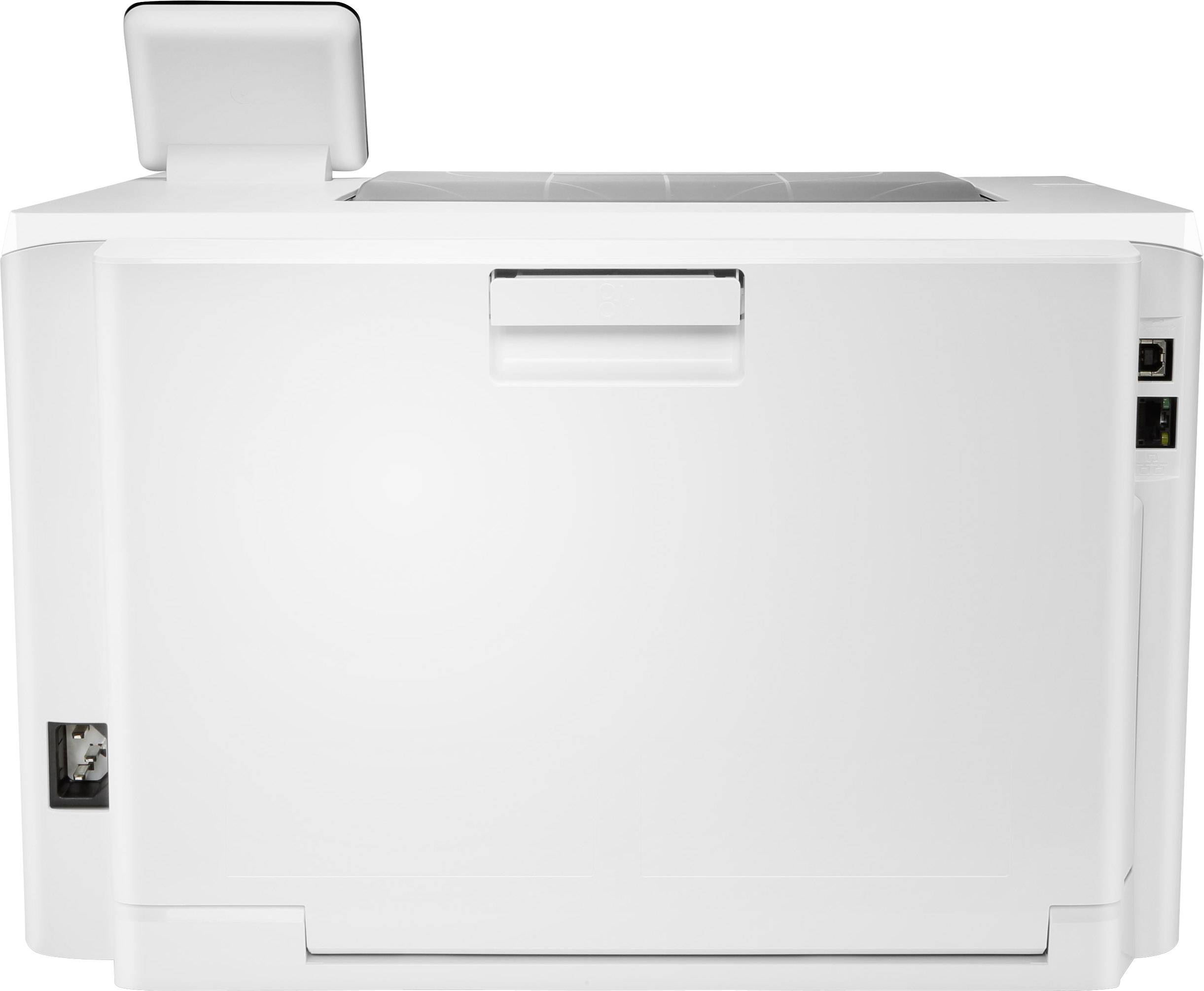 Een witte printer met gesloten papierlade, aan de zijkant een netschakelaar en aansluitingsmogelijkheden; strak design.