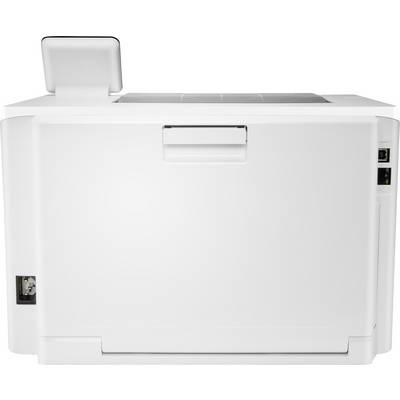 Een witte printer met gesloten papierlade, aan de zijkant een netschakelaar en aansluitingsmogelijkheden; strak design.