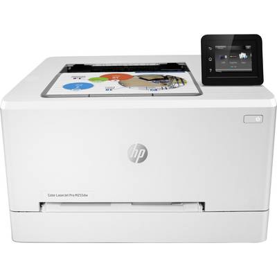 HP-printer, model Color LaserJet Pro M252dw, met scherm rechtsboven waarop afdrukopties worden weergegeven.