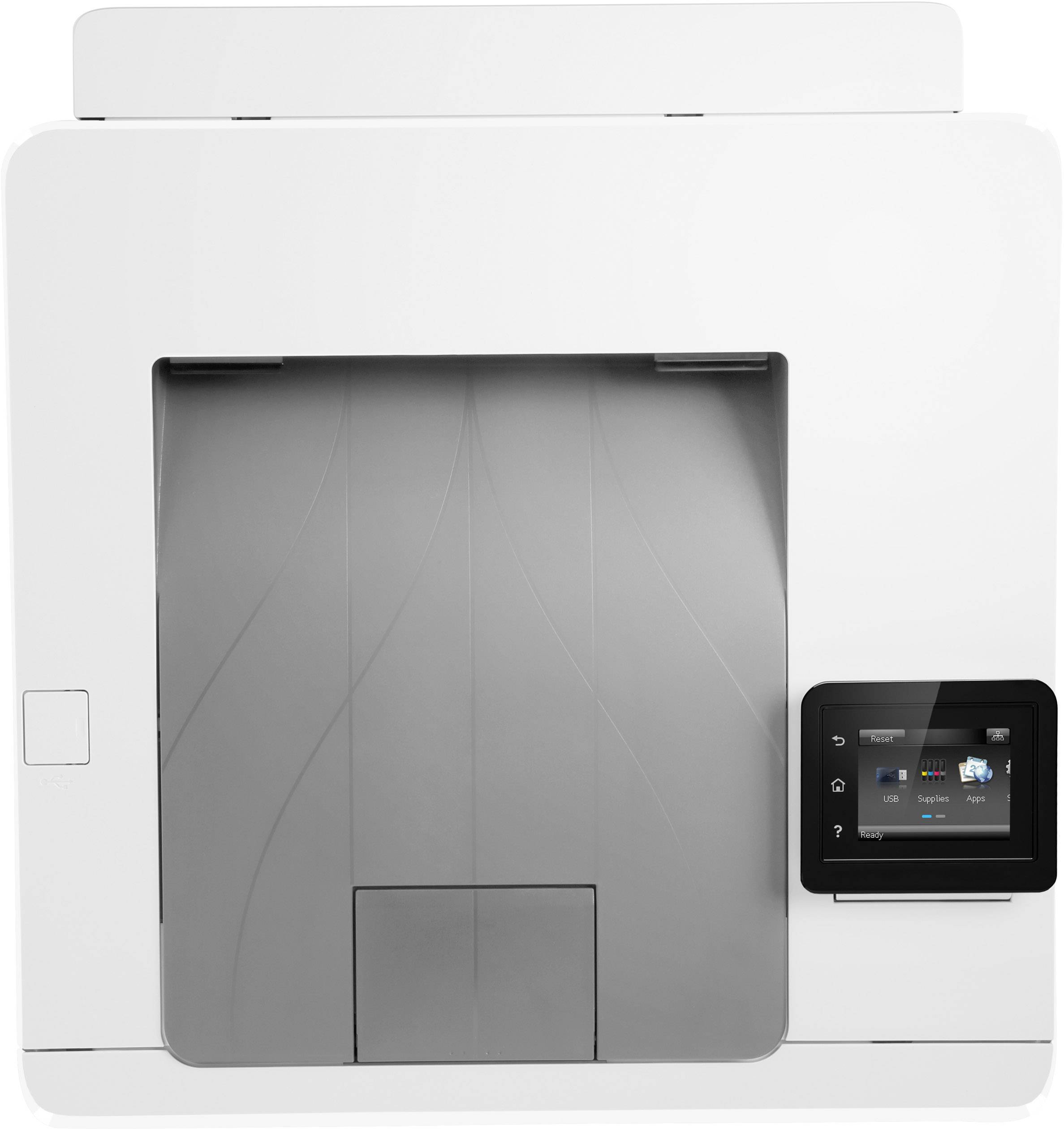 Een moderne printer met een groot papieruitvoervak en een bedieningspaneel met touchscreen.