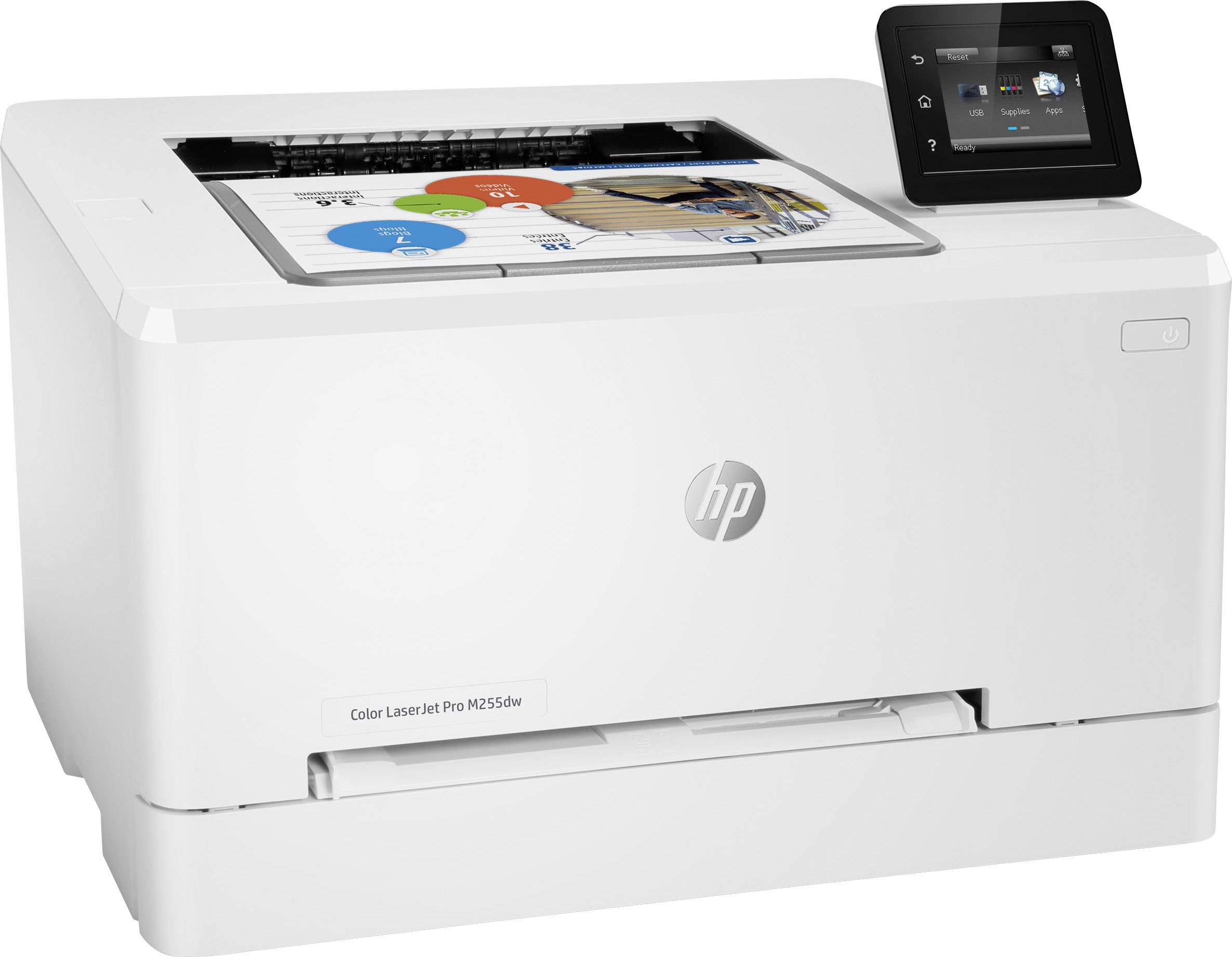 Een witte HP kleurenlaserpinter met een klein display aan de rechterkant. Een bedrukt papier met kleurrijke graphics steekt gedeeltelijk uit.