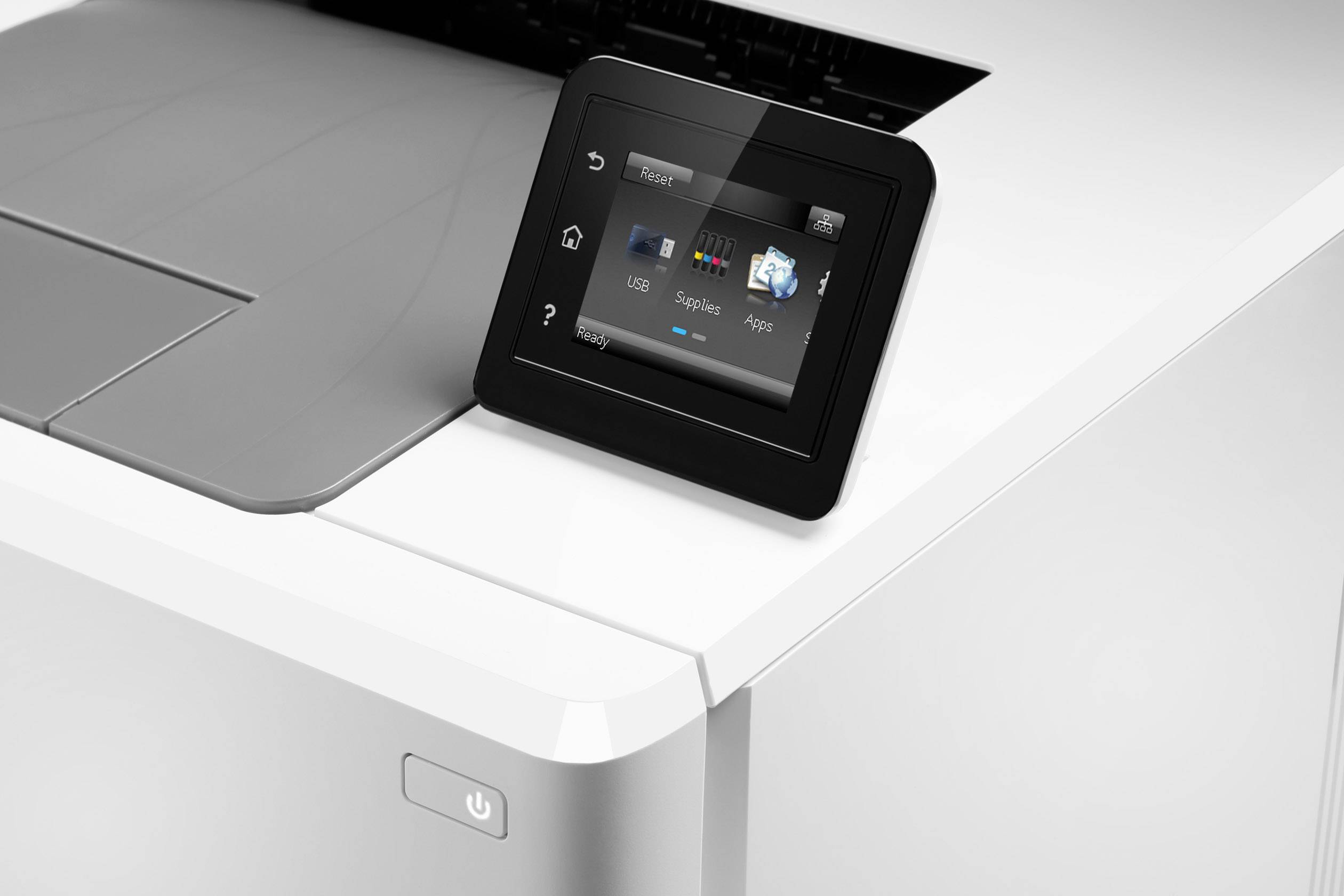 Een moderne printer met een touchscreen-display waarop opties zoals 'Kopiëren', 'USB' en 'Apps' worden weergegeven.