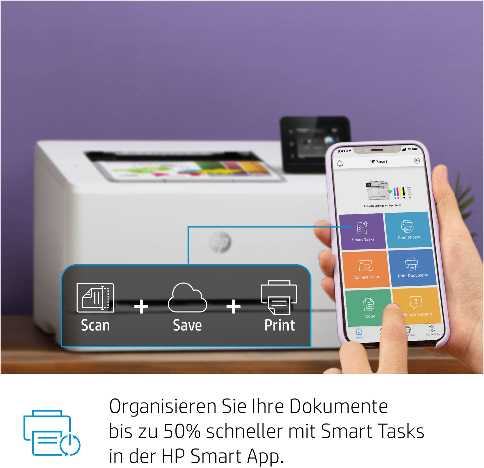 Een smartphone toont de HP Smart App voor een printer. Tekst: 'Organiseer uw documenten tot 50% sneller met Slimme Taken in de HP Smart App.'