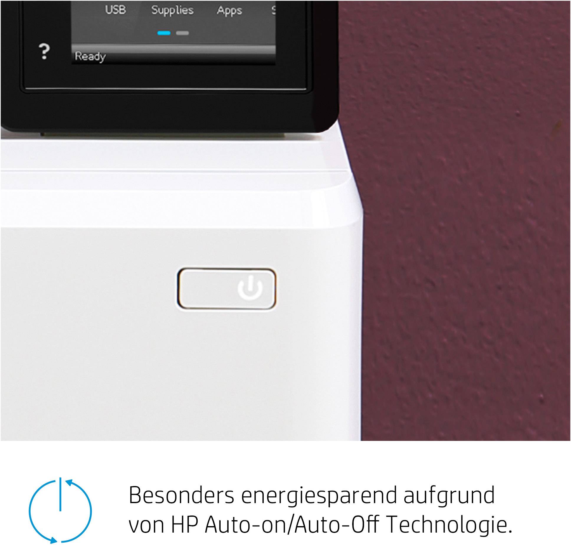 Een printer met een display bovenaan en een grote, ronde netschakelaar is bijzonder energiezuinig dankzij HP Auto-On/Auto-Off-technologie.