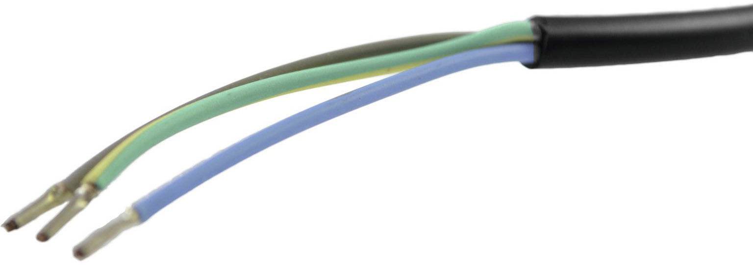 Drie stroomloze kabeluiteinden met verschillende kleuren: bruin, blauw en groen-geel, die uitsteken uit een zwarte kabelmantels.