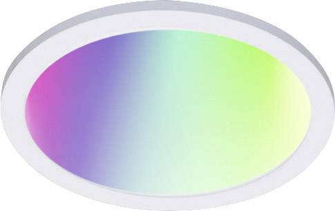 Een ronde plafondlamp met een gladde witte rand. Het midden toont een kleurverloop van roze naar groen op een blauwe achtergrond.