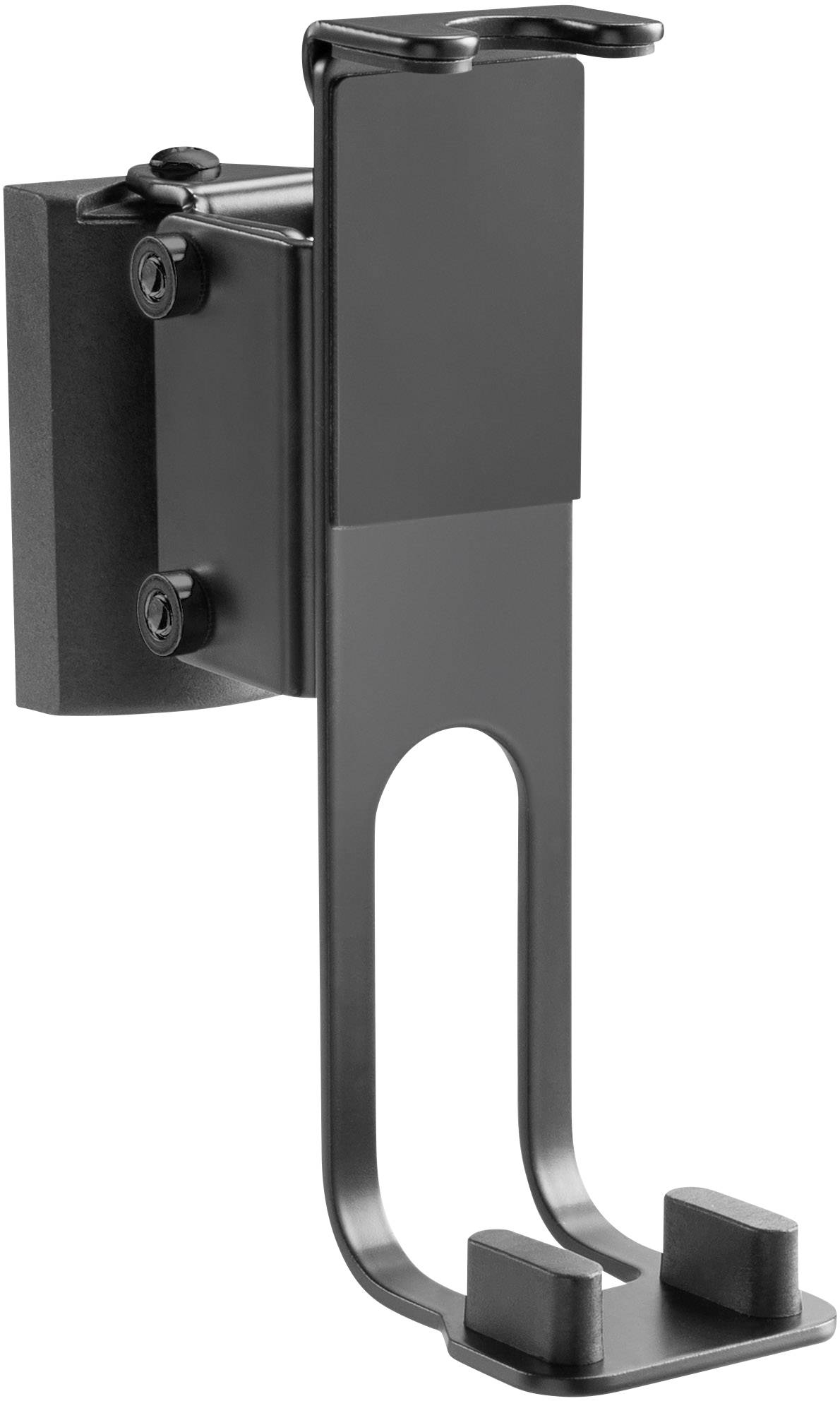 Een zwarte muurhaak bedoeld voor het ophangen van voorwerpen. Vierkante basis met drie zichtbare schroeven.