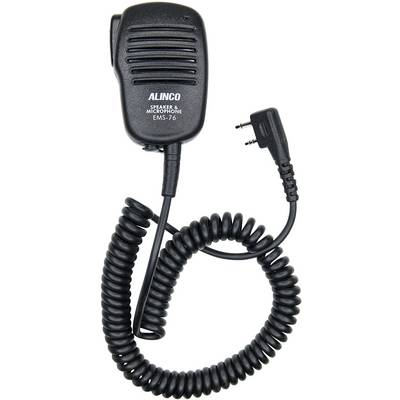 Een zwarte draadloze microfoon met spiraalinterkabel en stekker. Bovenaan staat 'Alinco' en 'EMS-76'.