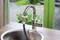 Een waterkraan in een keuken met een aangesloten tuinslangadapter. Op de achtergrond zijn tuintegels en groene planten zichtbaar.