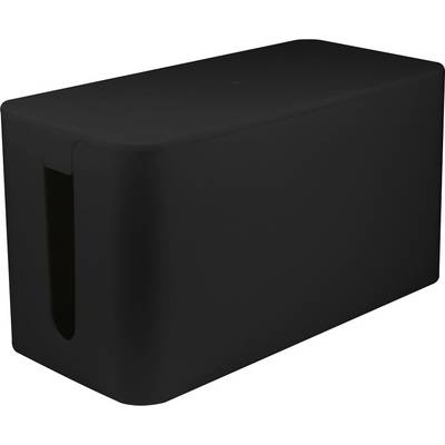Een zwarte kabelbox met een rechthoekige vorm en afgeronde hoeken, geschikt voor het organiseren en verbergen van kabels in een ruimte.