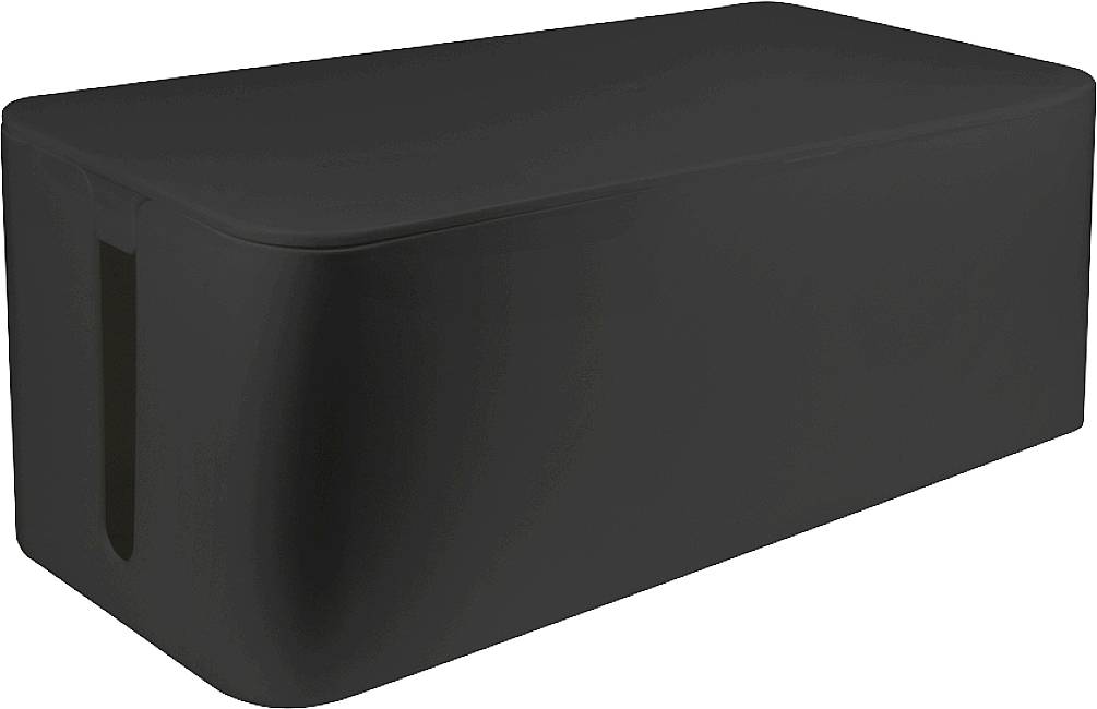 Zwarte kabelbox voor nette opberging van kabels, met een sleuf aan de zijkant voor kabelgeleiding.