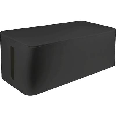 Zwarte kabelbox voor nette opberging van kabels, met een sleuf aan de zijkant voor kabelgeleiding.